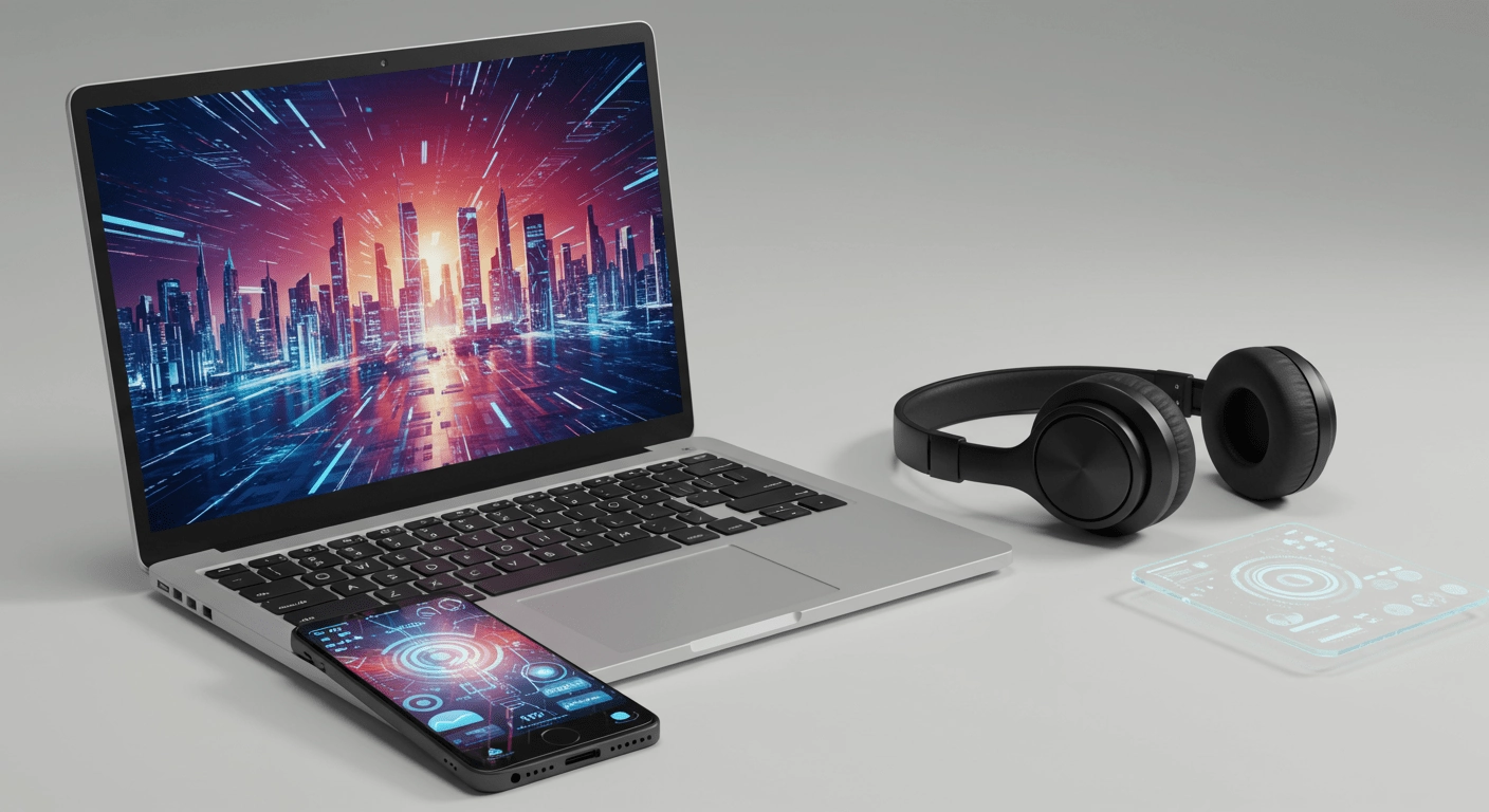 A collection of modern tech gadgets like a laptop, phone, and headphones.