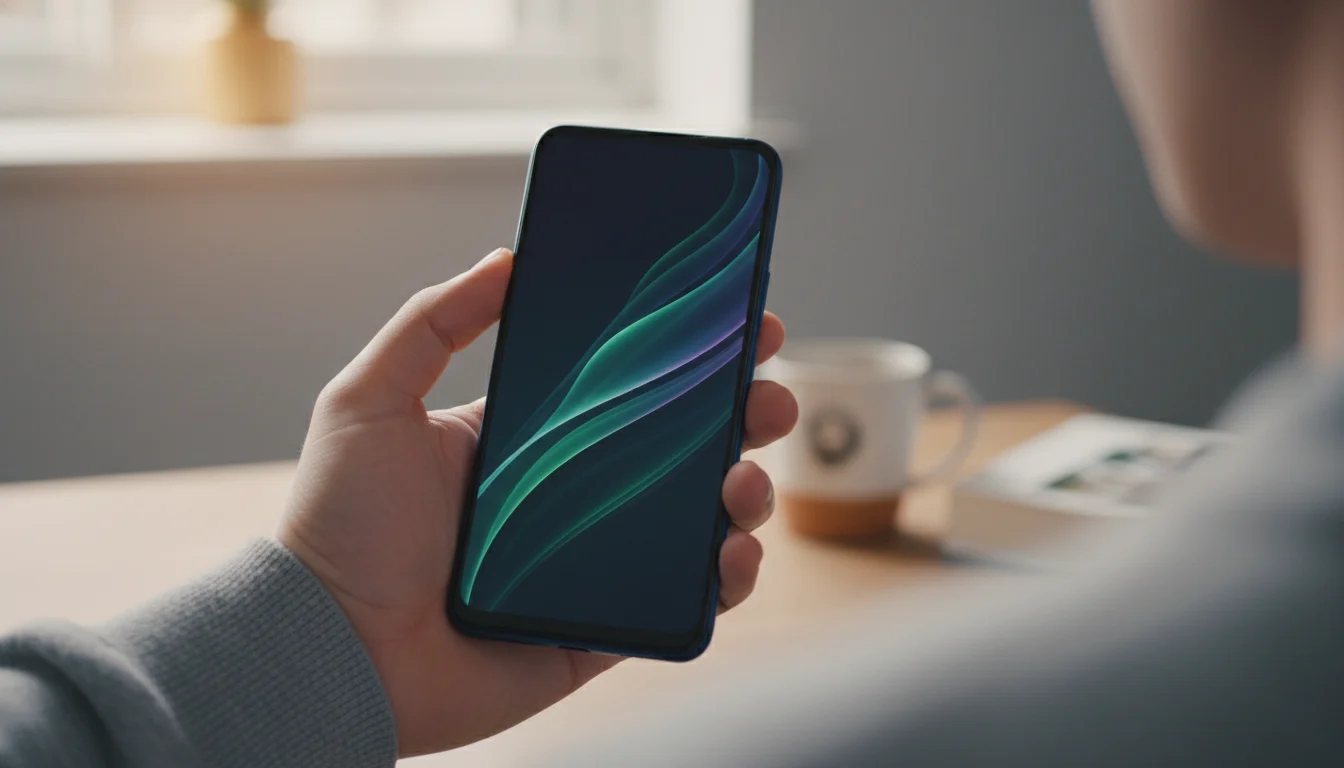 A person comfortably holding a compact phone in one hand.